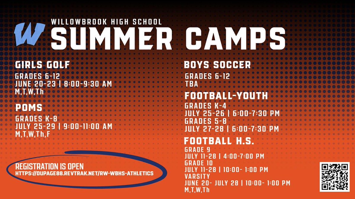 Willowbrook Summer Camp registration is now open, sign up today!!

For more information visit: 
https:dupage88.rev track.net/we-wbhs-athlet…