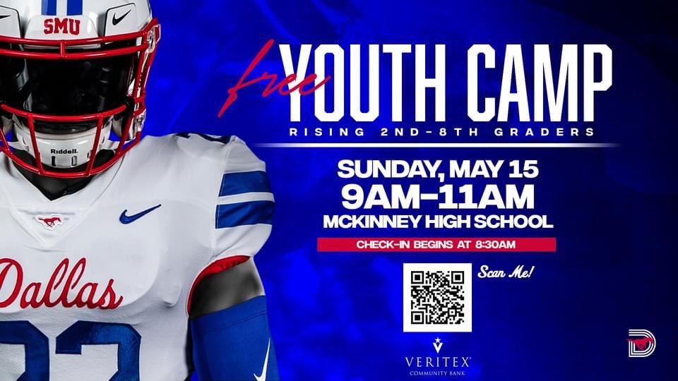Don’t miss SMU FOOTBALL FREE football clinics for rising 2nd-8th graders! One on the south side of town on May 14th  bit.ly/SMUForester  &amp; one on the north side of town on May 15th  bit.ly/SMUMcKinneyHS ! Registration starts at 8:30 AM both places. Walk ups are welcome!
