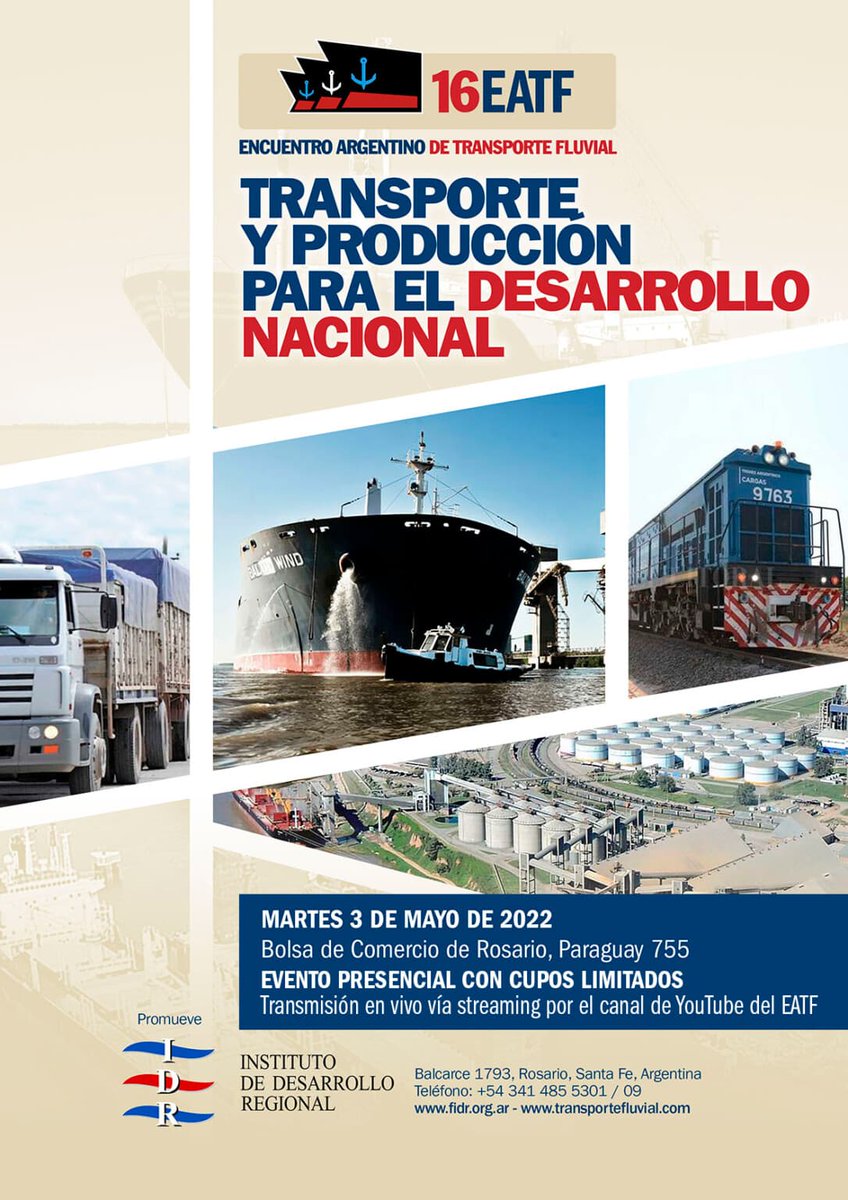 GlobalportsAr's tweet photo. Con una gran convocatoria, mañana, 3 de mayo, inicia el XVI Encuentro Argentino de Transporte Fluvial  de forma presencial, en el auditorio de la Bolsa de Comercio de Rosario 👉https://t.co/iEqj3M38gw
#hoyenglobalports
@EATF_ros https://t.co/0judTY7PkH