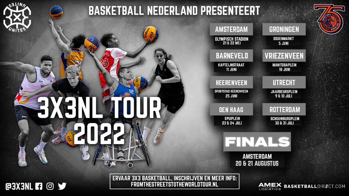 De 3x3NL Tour is back!🔥 De kalender voor deze zomer is bekend! Check de poster voor alle data en tag je teamgenoten met wie je deze zomer gaat shinen! 😎🏀 Inschrijven kan via basketball.nl/3x3/3x3-evenem… ✍️ See you there! #3x3NL #WEHERE