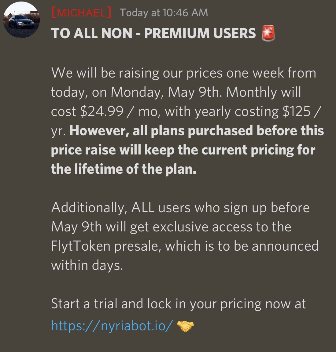 NyriaStocks's tweet photo. Don’t forget. Take advantage before you can never get these prices again. 

Your price will never be raised, no matter how much more we offer. 

💎 Realtime Flow Data
💎 Trading Bot Alerts
💎 Analyst Alerts
💎 15+ more bots
🤝 Only $10 / mo 

Join today.
[https://t.co/VHuTfTow6D] https://t.co/2fxhOb8VQH