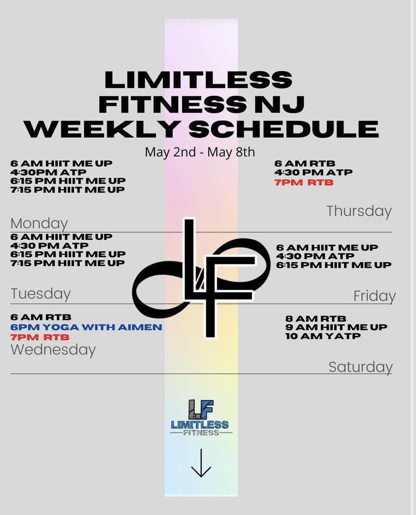 LimitlessFitNJ's tweet photo. Schedule for the week! Including our new times added for RTB🥇 #BeLimitless #LimitlessFitnessNJ #FitnessNJ https://t.co/RbUC0HGjEs