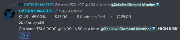 XclusiveTrading's tweet photo. Create a plan, execute and rinse/repeat. We're starting off May great, and MAY-be, we are just warming up.π
$FCX 40C @ 1β‘οΈ1.5π―$50/con
$TSLA 900C @ 16β‘οΈ29π―$1,300/con
$SPY 415C @ 1.4β‘οΈ1.7π―$30/con
$SPY (2) 415C @ 1.1β‘οΈ2.2π―$110/con
#XclsuiveTrading #CreatingFlow #PAYtience https://t.co/M0z7DyTqg8