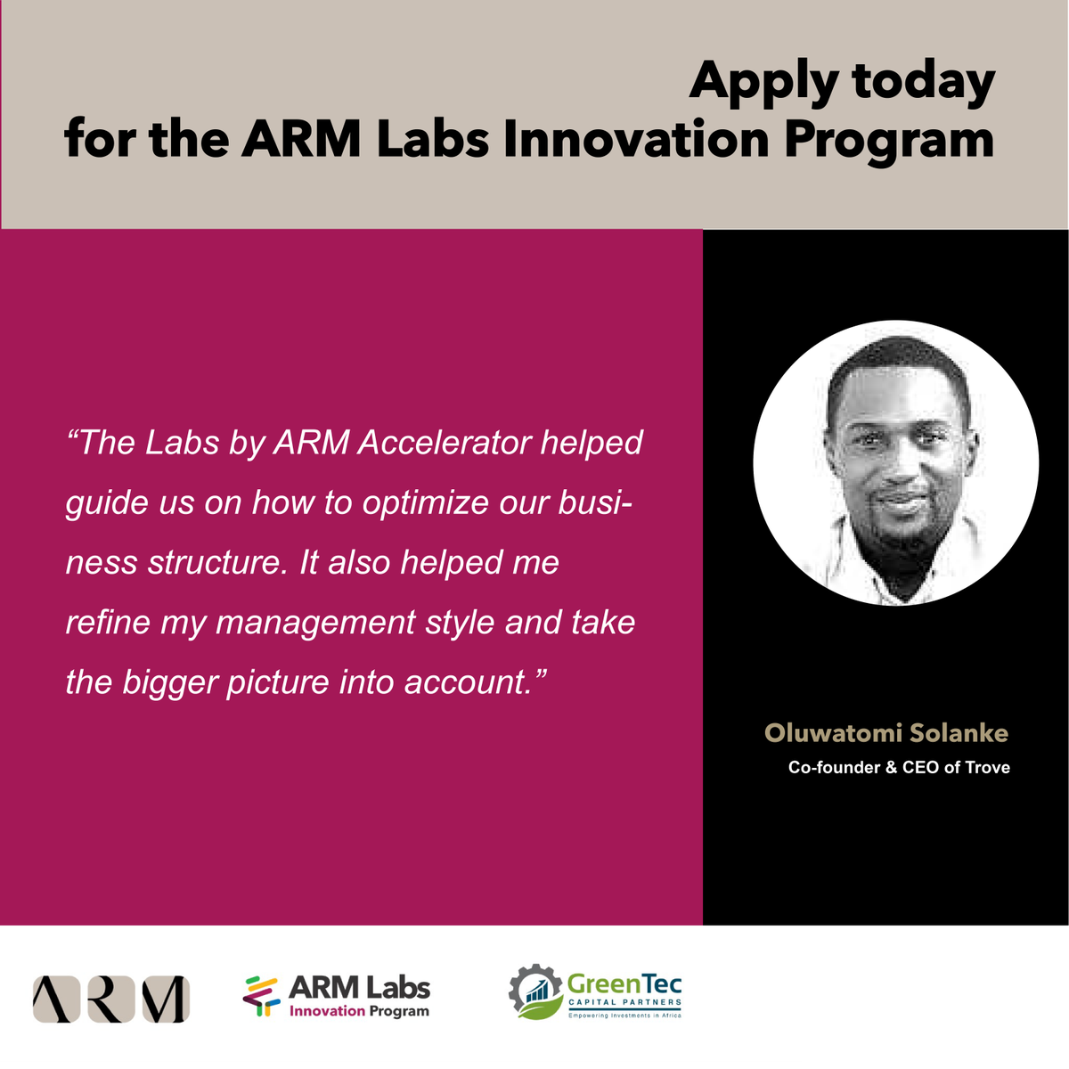 Don't just take our word for it, listen to <a href="/trovefinance/">Trove Finance</a> and apply! The ARM Labs Innovation Programme provides: Access to ARM's Alumni Network; Focused Mentoring; $50,000 Investment; Office space and more!
Learn More: bit.ly/3LuYKjW
#nigeria #startsup #fintech #funding