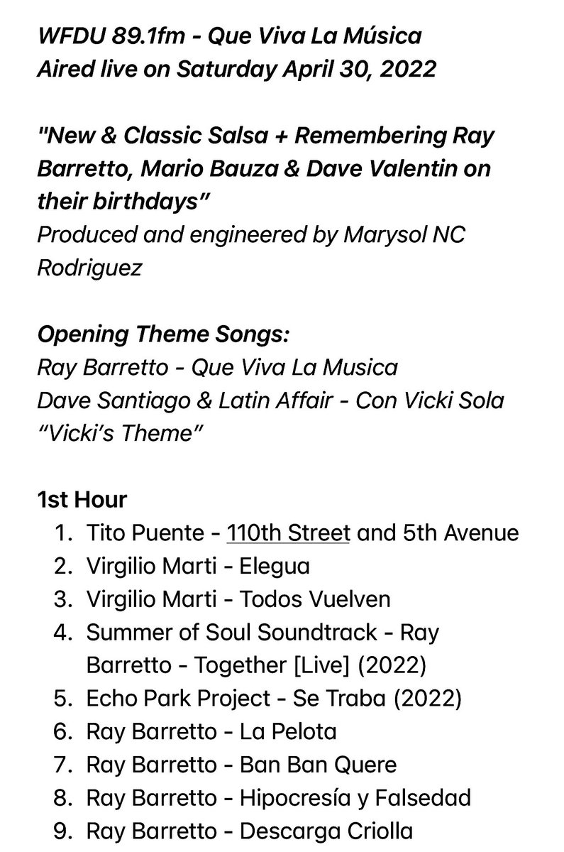 djmarysoul's tweet photo. Here’s the playlist for this past Saturday’s broadcast of “Que Viva La Musica” which aired live on #WFDU 89.1fm. Enjoy the music and support the artists! #qvlm #QueVivaLaMusica #salsa #fmradio #innewyork #aroundtheworld #djmarysol https://t.co/5GoFvpQ2rN