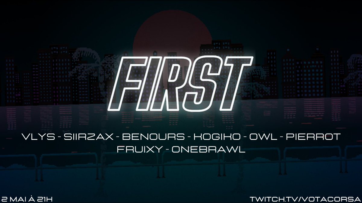 Ce soir à 21H c'est FIRST !

Qui des 8 participants remportera ce grand quizz jeux vidéo ?
<a href="/VlysTV/">Vlys</a> 
<a href="/0SiirZax/">SiirZaigri | Jo 🪐</a> 
<a href="/benours/">BenOurs</a> 
<a href="/KogikoBell/">Kogiko</a> 
@OneWishList1 
<a href="/elpierrot17/">𝝅 Pierrot</a> 
@FruixyTv 
<a href="/OneBrawl/">DnK | OneBrawl</a> 

Réponse à 21H sur :
twitch.tv/votacorsa