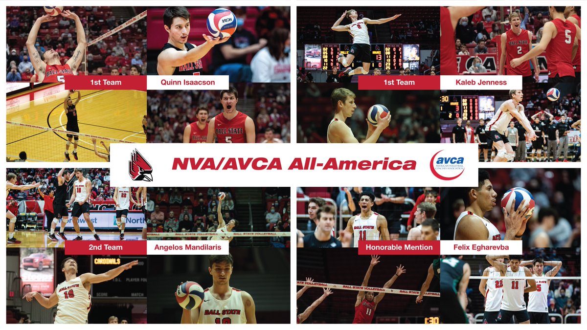 BallStateMVB's tweet photo. 🏐The Cardinals continue to be awarded🏆for their success on the court this season‼️

Congratulations to @QLesterIsaacson @KalebJenness Angelos Mandilaris and @felixegharevba1 for earning this prestigious honor. 

📰: https://t.co/JwhdqgnGR6

#ChirpChirp x #WeFly https://t.co/R3upQuMMOf