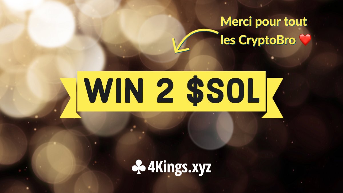 🎁[#GIVEAWAY]🎁

Les Bros, pour fêter les 5000 ❤️ on vous offre 🎁 2 $SOL (~ $180) 🤩 

Un immense MERCI d'aimer notre outil 🙏🏻

Pour participer, le classique :
✅ Follow @crypto4kings 
✅ RT +❤️ ce tweet
✅ Comment : tag 3 potes 🫂

TAS ce vendredi ⏲️

Good luck à tous 🙂