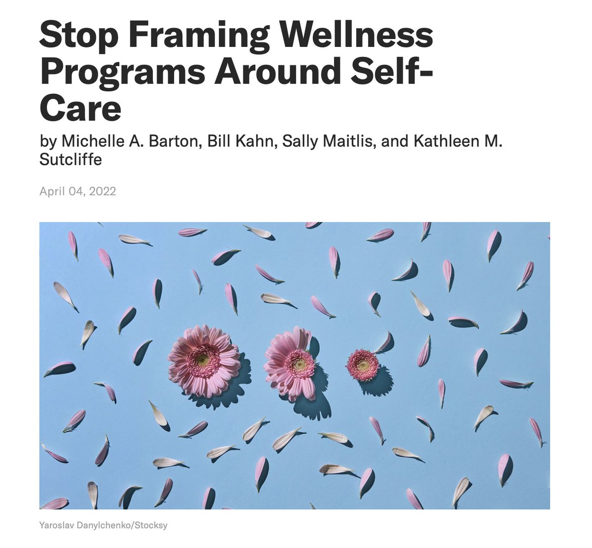 "the emphasis on self-care may undermine, rather than support, employee wellness ... the very wellness efforts that organizations create ... can become subtle forms of abandonment in the guise of support."

#k12 #Wellbeing  <a href="/HarvardBiz/">Harvard Business Review</a> 

hbr.org/2022/04/stop-f…