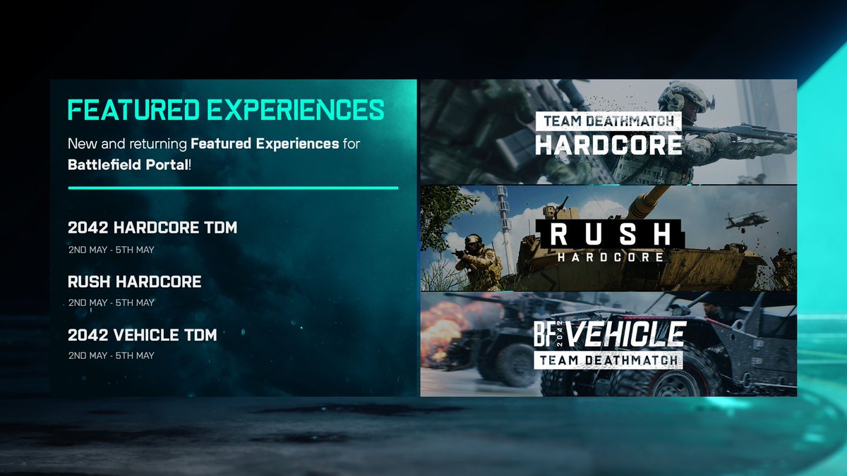 Comenzad la nueva semana jugando al nuevo conjunto de Experiencias Destacadas en #BattlefieldPortal.

▫️ Battlefield 2042 Team Deathmatch Hardcore
▫️ Rush Hardcore
▫️ Battlefield 2042 Team Deathmatch con vehículos