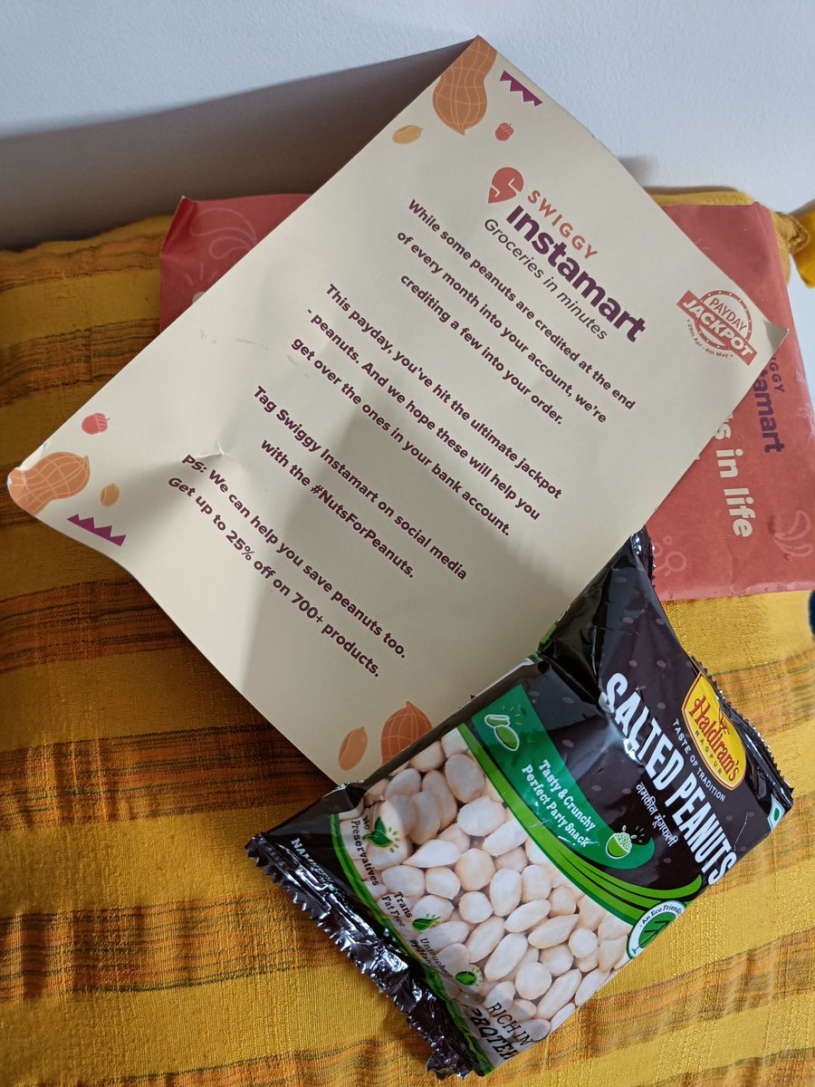 shrirupa's tweet photo. This morning's #Swiggy #Instamart delivery of home essentials came with this cheeky packet from @swiggy_in. Love everything about it. #NutsForPeanuts indeed. And kudos to the creative team behind it. π€£ https://t.co/tczys4eVLa