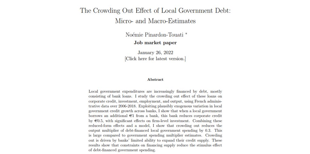 The Review of Economic Studies (@reveconstudies) on Twitter photo And @noemiept from <a href="/HECParis/">HEC Paris Business School</a> shows that local government debt crowds out corporate credit and investment. This crowding out effect significantly reduces the output multiplier of debt-financed local government spending. 5/5
npinardontouati.github.io And @noemiept from <a href="/HECParis/">HEC Paris Business School</a> shows that local government debt crowds out corporate credit and investment. This crowding out effect significantly reduces the output multiplier of debt-financed local government spending. 5/5
npinardontouati.github.io