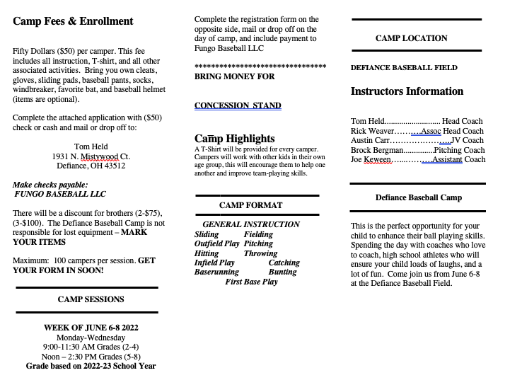 Defiance Baseball Camp - June 6-8