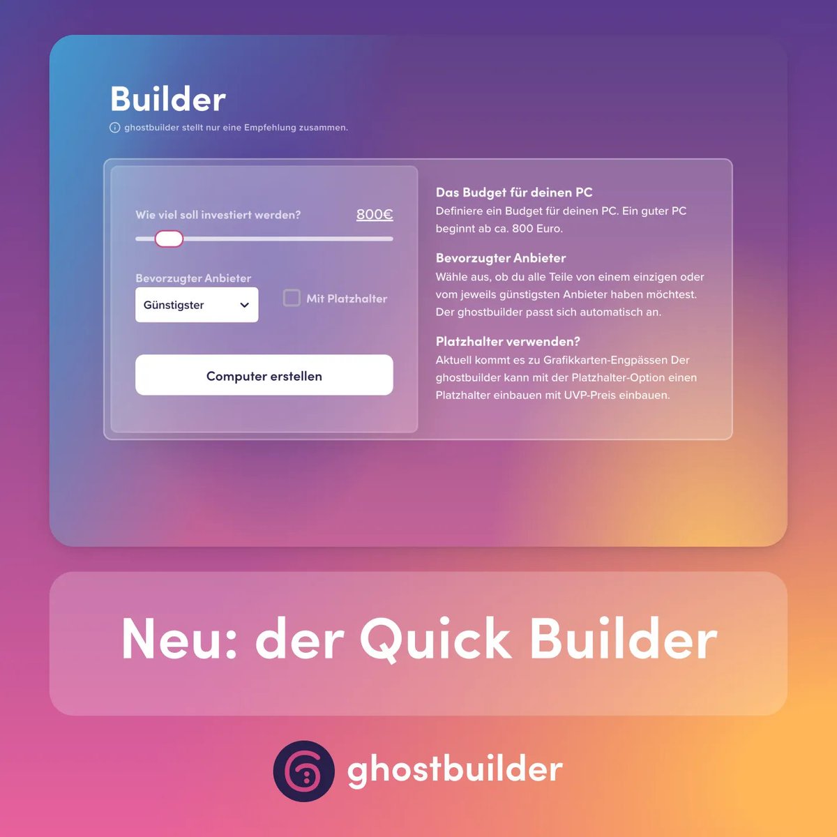 Ghostbuilderio's tweet image. Wir haben den ghostbuilder auf den Quick Builder umgestellt! Das ist eine Vorbereitung auf den Pro Builder und damit eine größere Änderung für uns. Mehr dazu im Blog:
#news #ghostbuilder #pc #quickbuilder #gaming #pcmr