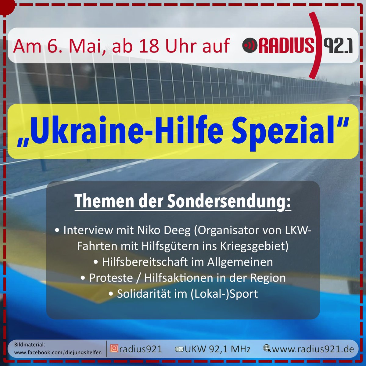 Nicht verpassen: Das „🇺🇦-Hilfe Spezial“ auf Radius 92.1!
Am Freitag startet um 18 Uhr unsere Sondersendung über Hilfsbereitschaft &amp; -aktionen für die Menschen aus der Ukraine.
Im Web auf radius921.de/radio oder auf UKW bei Radius 92.1!
#radius921 #radio #helpukraine #siegen