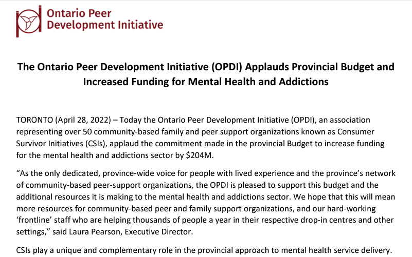 _PeerWorks's tweet photo. As @opdi kicks-off #MentalHealthAwarenessMonth, we're👏👏the @ONgov for its recent commitment in the #provincial Budget to📈much-needed funding for the #MentalHealth &amp; #addictions sector by $204M!

👉Read our statement: https://t.co/2SF34ajlLI

#CommunityBasedSupport #PeerSupport https://t.co/USmg9NVO1S