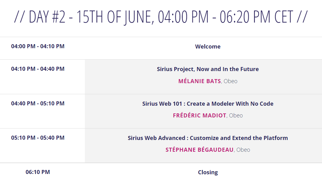 EclipseSirius's tweet photo. 🎉 Here we are! The full program of #SiriusCon2022 is out! ✨
Meet us for our annual #online #conference on Graphical Modeling
📆 June 14-15 | 04:00 PM CET - 06:20 PM CET
➡ Register for free: https://t.co/4V1DsWLp8Y
#SiriusCon #OpenSource #Sirius #SiriusWeb #graphicalmodeling https://t.co/2fwDRtJC41
