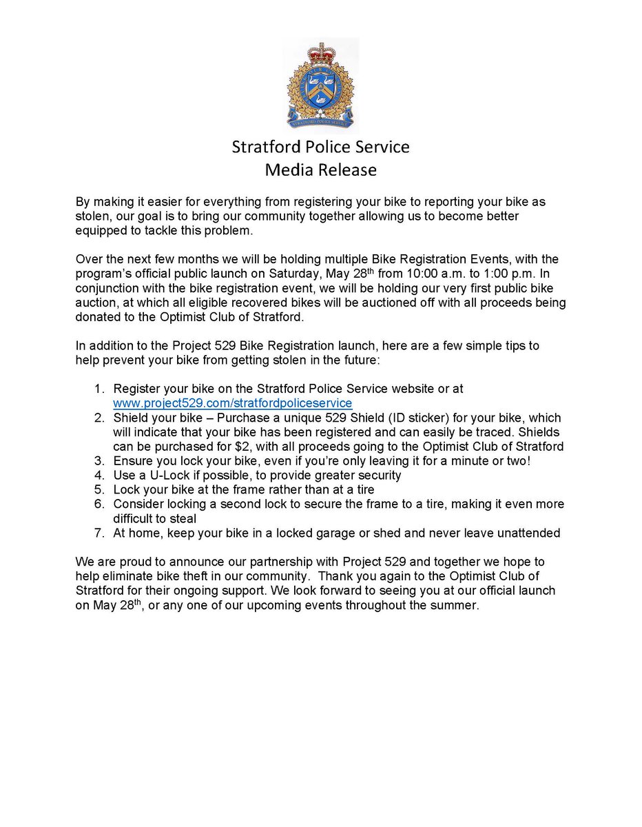 #SPS Safety Tip of the Month!

We are proud to announce our partnership with the Project 529 Bike Registration Program &amp; extend our thanks to the <a href="/optimist_strat/">Optimist Club of Stratford</a> for their support with this project.

To register a bike visit project529.com/stratfordpolic…