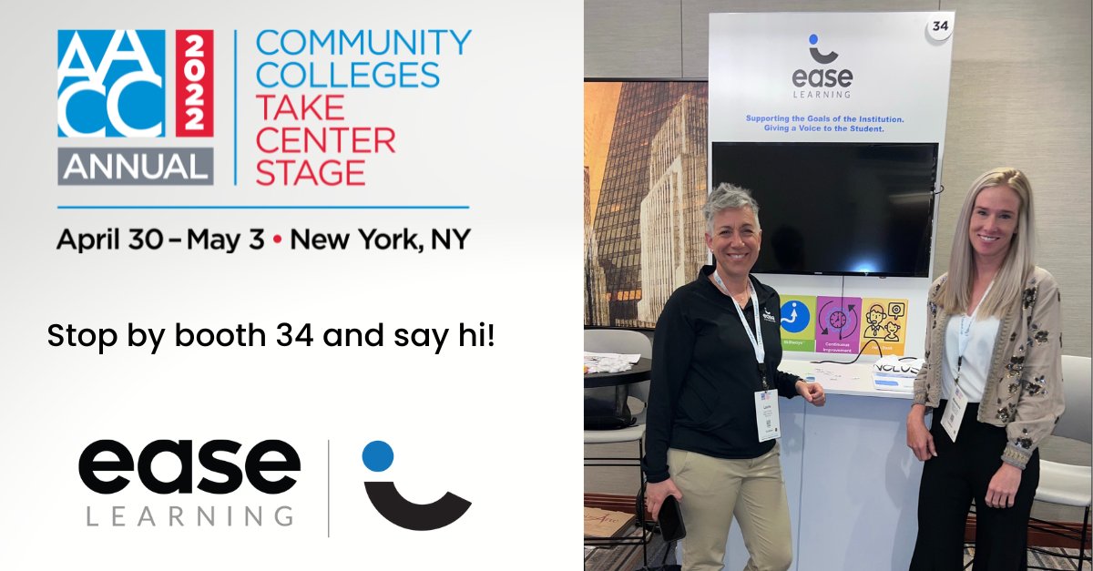 Don't forget to come say hi to us while we are at the AACC Conference! Come visit us at booth #34 to learn more about Ease Learning. #highereducation #AACC #learningdesign #onlinelearning
