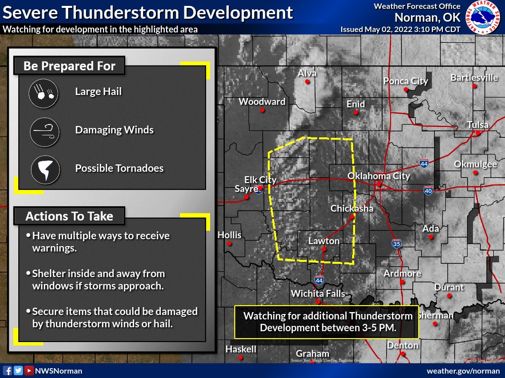NWSNorman's tweet photo. 3:12pm - Continuing to monitor the possible development of additional storms further south along the dryline. If any storms do develop and maintain themselves, they'll likely intensify rapidly.

Stay weather aware this evening!

#okwx #texomawx https://t.co/SkZgf37yL2