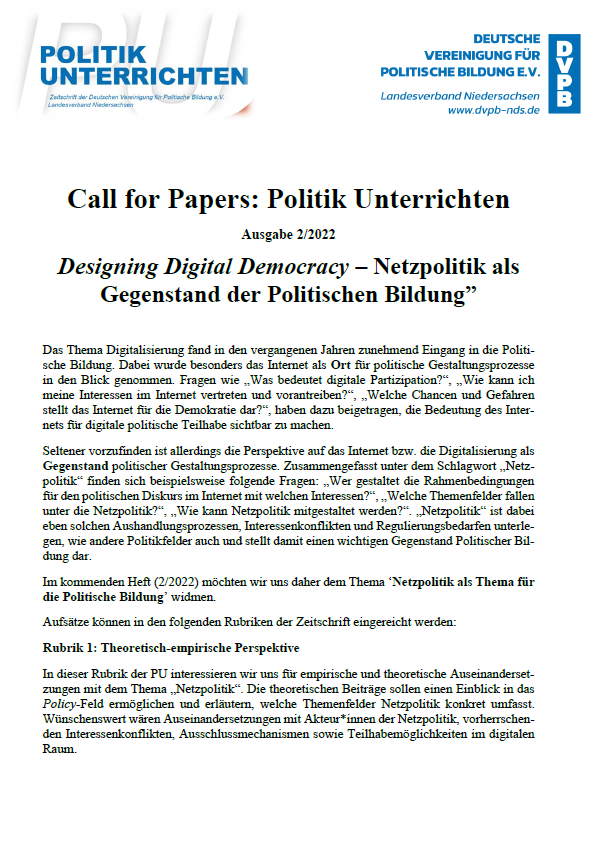 DvpbNds's tweet photo. Unsere Verbandszeitschrift PU erscheint im Dezember 2022 zum Thema "Netzpolitik". Der dazugehörige Call ist jetzt auf https://t.co/R2V6v1TLiY online. Wir freuen uns auf Einreichungen von Abstracts bis zum 10.06.2021! https://t.co/GS8hrIvd8f
