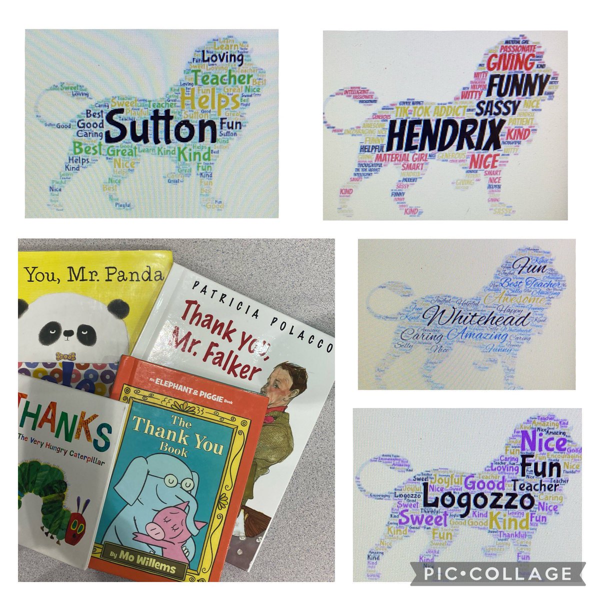 LCE_Lion_Lib's tweet photo. After reading book about gratitude, LCE lions created word clouds to show appreciation for their teacher. Each student had an opportunity to add a descriptive word to the word cloud. The bigger the word is the more times it was repeated. #lionpride #teacherappreciationweek2022 https://t.co/PES0m8M1bB