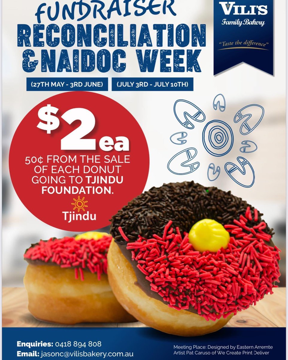 During National Reconciliation and NAIDOC week Villi’s Family Bakery in Adelaide are producing Aboriginal Flag Donuts for $2 with .50c of each sale going directly to the Tjindu Foundation. Please place orders through Jason Cullen jasonc@vilisbakery.com.au 
🖤💛❤️

<a href="/RecAustralia/">Reconciliation Australia</a>