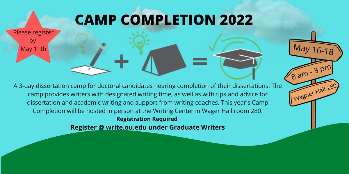 ouwrites's tweet image. A 3-day dissertation camp for doctoral candidates nearing completion of their dissertations. The camp provides writers with designated writing time, as well as with tips and advice for dissertation and academic writing and support from writing coaches.