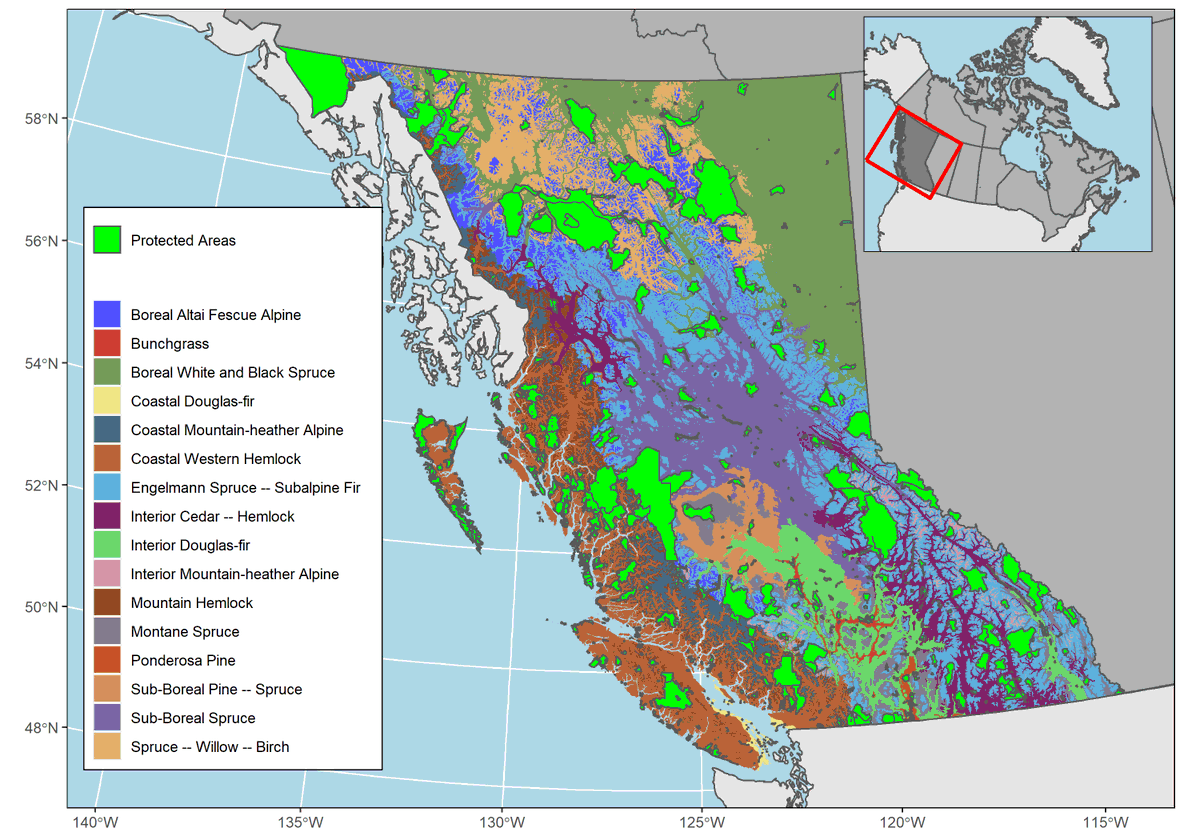 My first paper! I examined protected area effectiveness across British Columbia for representing various ecosystems, land covers and forest structure using #NTEMS data! The overall goal of the paper was to examine new ways to move beyond the areal conservation approach. 🧵/4