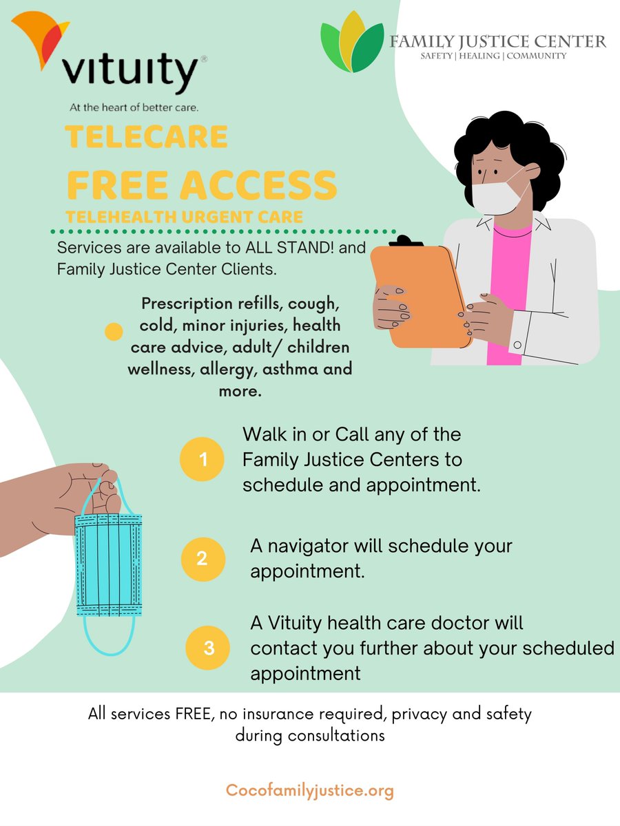 Family Justice Center and STAND! have partnered with Vituity; offering FREE Telecare services. Appointments are easy to set up, just visit your nearest Family Justice Center, give us a call or send us an email. Our clients' health and wellness are important to us!