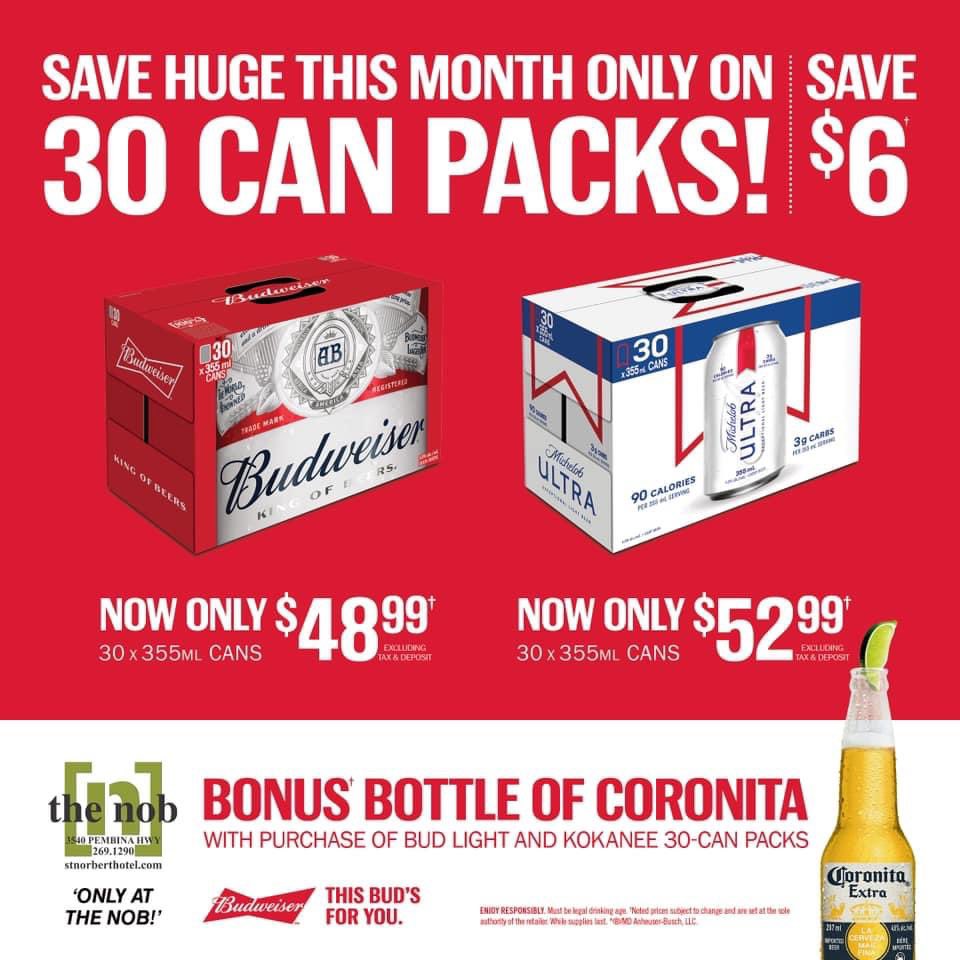 theNobBar's tweet image. Save $6 on 30 packs of Bud &amp;amp; Michelob Ultra!! We’re also giving out a FREE Cornita when you purchase a 30 pack of Bud Light or Kokanee!!  Details below.