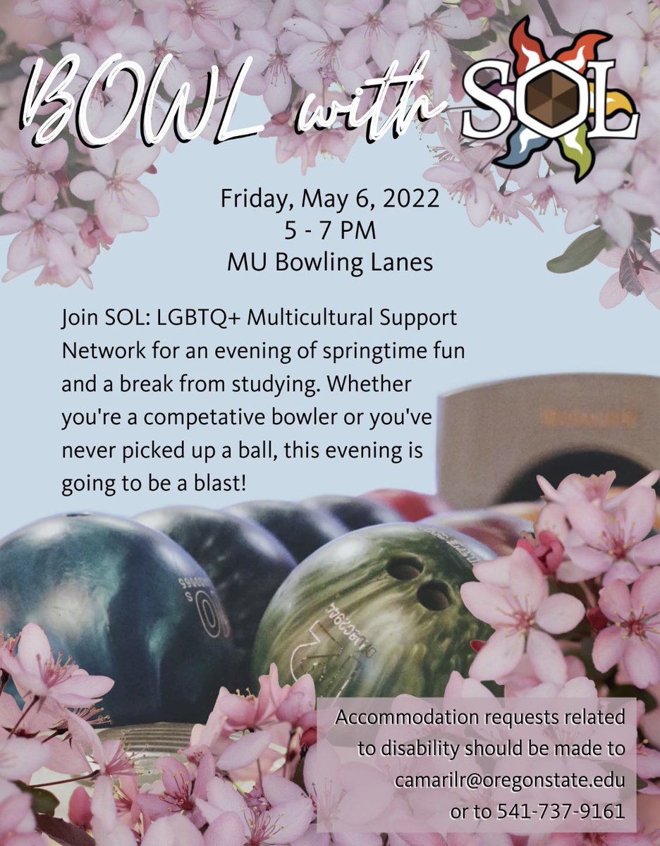 SOL_OSU_QTPOC's tweet image. Join SOL this Friday  for a night of bowling, fun and snacks! This event will be free and open to anyone whether you have bowled your whole life, or this is your first time!                        
Hope to see you there 🌸🌷🍃