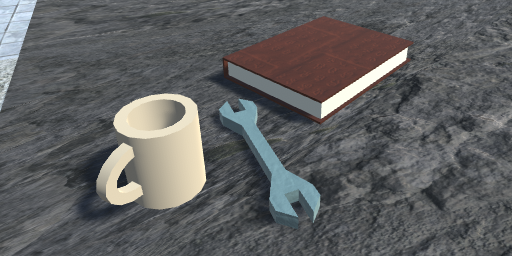 a coffee cup, a wrench, and a book