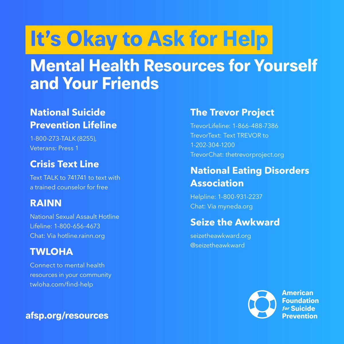 afspnational's tweet image. We're so sorry for the loss of Naomi Judd. 💙

Mental health impacts everyone. As a society, we must do better to share hope, support those struggling and tell the stories of those with lived experience that show it’s possible to thrive.

If needed, please use these resources: