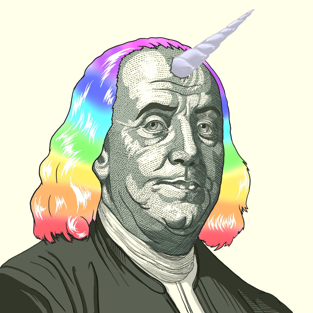 RAINBOW UNICORN BEN FRANKLIN PREVIEW! The face of the $100 bill has turned  into a rainbow unicorn! #NFT #NFTCommunity #NFTs #NFTGiveaway  #NFTCollection #NFTartist #NFTcollector #NFTart #crypto #discord