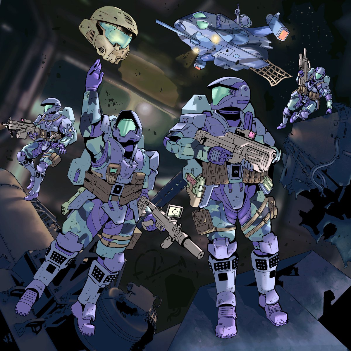 TheCountofS's tweet photo. ODSTs courageously conduct Search &amp; Rescue operations in the wake of the UNSC's most vicious defeat since The Fall of Reach. 

Braving enemy patrols to recover those left behind or find any asset that can keep their comrades in the fight.

#HaloUltimate #HaloSpotlight https://t.co/aYfIBelHkH