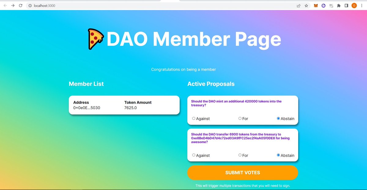 onnalindevs's tweet image. Day 45 #100DaysOfCode #Web3
✅ deployed a custom ERC-20 token
✅ deployed a custom ERC-1155 NFT people can mint to join the DAO.
✅ deployed the governance contract + treasury.
✅ worked on the DAO dashboard!