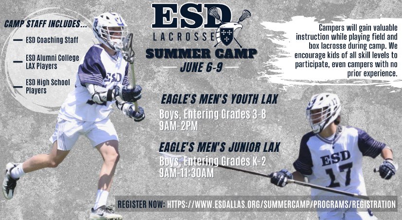 CoachSothoron's tweet photo. @ESDLAX @ESDAthletics @DFWYouthLax @EsdMiddle 
Come join us for summer camp. Gonna have ESD coaches, ESD college players, and current ESD players training the campers.  https://t.co/3Izhwp4HUF #LetsGo! https://t.co/RX1I2qJHk1