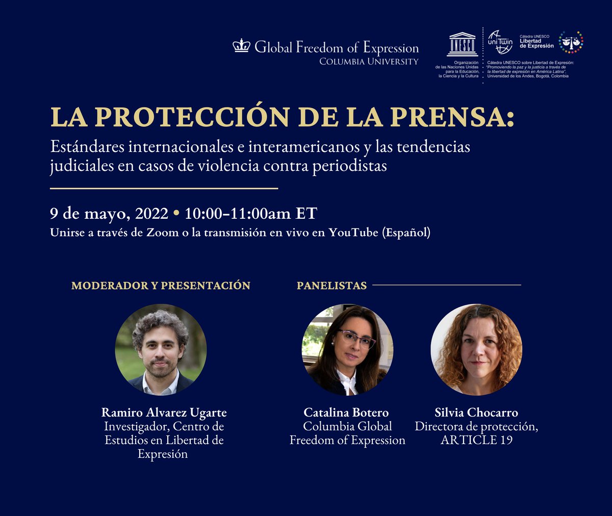 ¡Agéndalo! El 9 de mayo a las 10 AM ET, nuestra experta @cboteromarino, @ramiroau y @silviachocarro hablarán sobre los 'estándares internacionales e interamericanos y las tendencias judiciales en casos de violencia contra periodistas'. Inscríbete⬇️: globalfreedomofexpression.columbia.edu/events/la-prot…