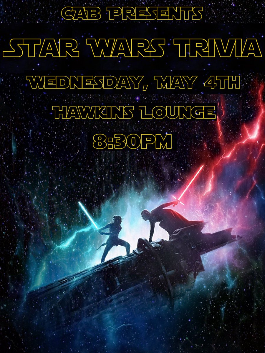 KeukaCAB's tweet photo. Come on out to our last events of the semester! 😊

#starwars #trivia #diy #keukacab #keukacollege #studentlife #lifeatkc #kcfamily #kcpartwolf #partwolf https://t.co/W3kiOyPllN
