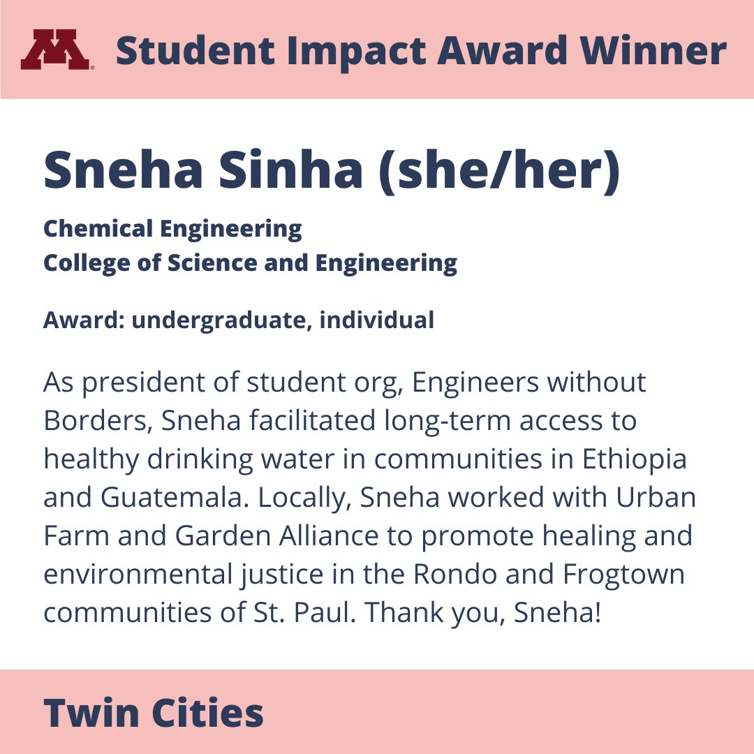 umnsusted's tweet photo. Thanks to all who joined us for the Acara and Student Impact Awards. Today we are wrapping up our systemwide spotlights with Student Impact Award winners from the Twin Cities campus. In this post, we are featuring undergraduates. Stay tuned for our next post on graduates! https://t.co/Wj3fmkW3PN