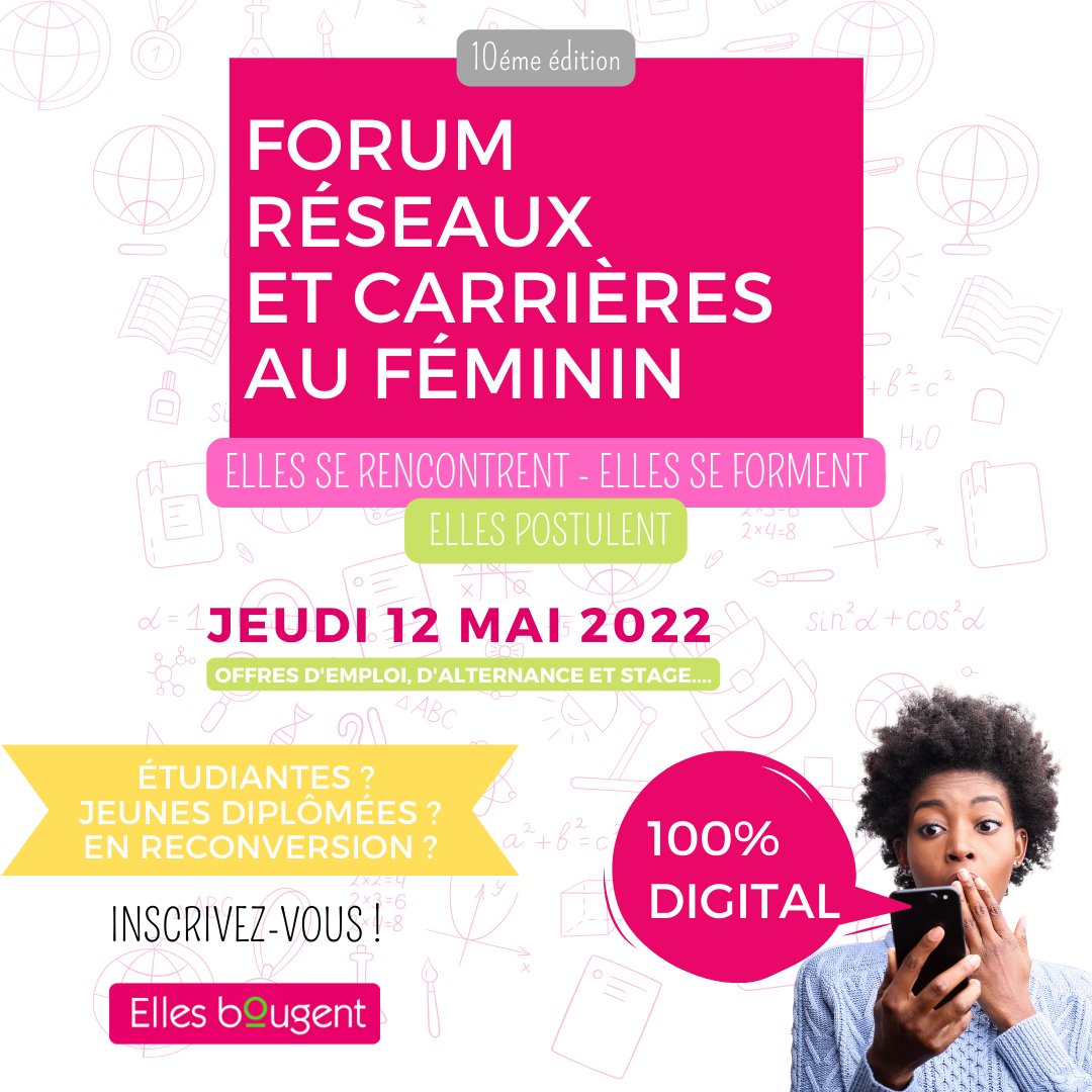 🎓Etudiantes, jeunes diplômées, vous êtes à la recherche d’un #stage, d’un premier #emploi ou d’une #alternance ? 
➡️ Inscrivez-vous au Forum Réseaux &amp; Carrières au féminin 100% digital qui se tiendra le 12 mai prochain : vu.fr/xXeH
#ellesbougent #forumeb #EB2022