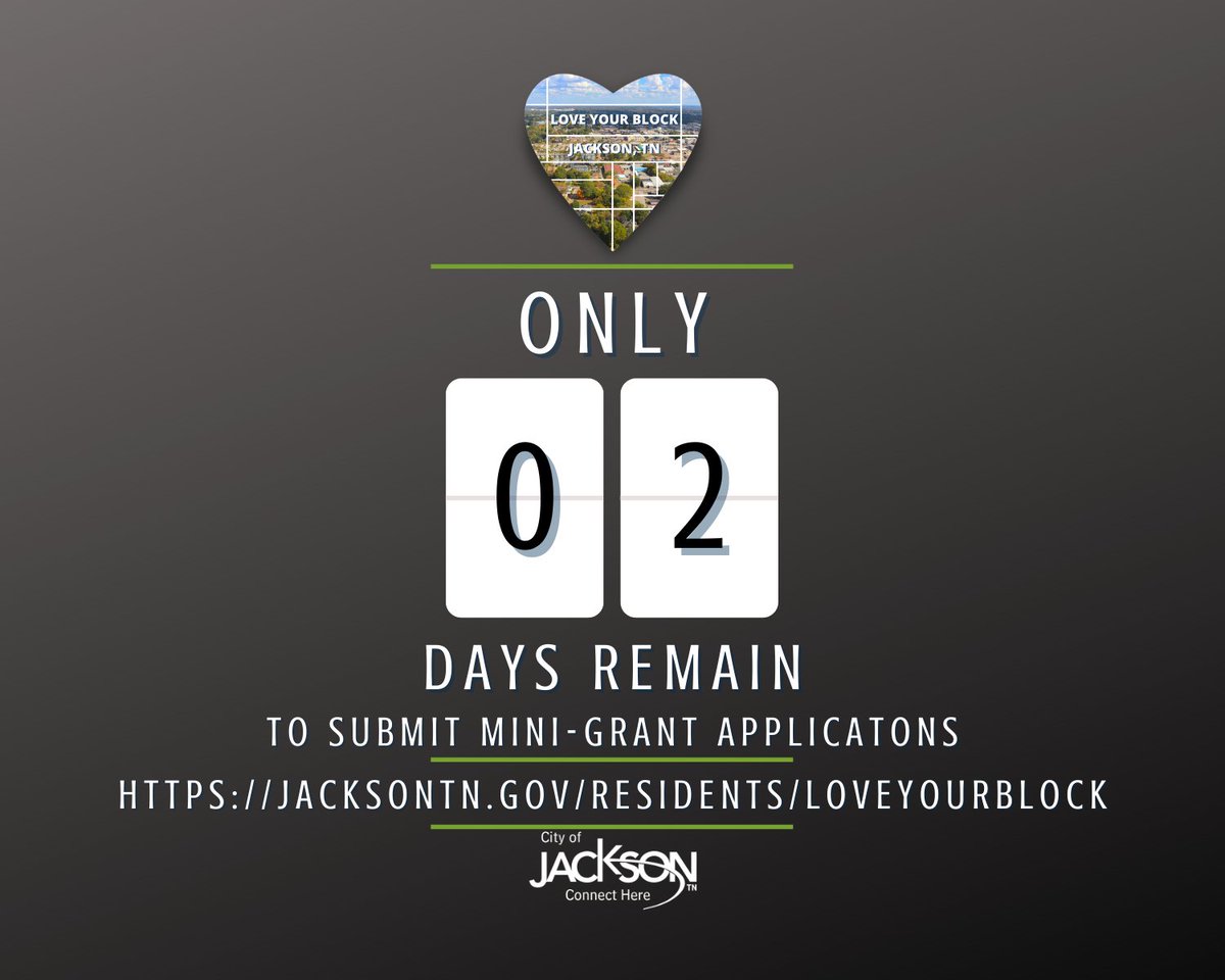 Happy Saturday everyone! Only 2 days remain to apply for the #LYBJacksonTN mini-grants. Don't miss out on your chance to help improve the community. jacksontn.gov/residents/love…

<a href="/CityofJacksonTN/">City of Jackson, TN</a> <a href="/CitiesOfService/">Cities of Service</a> <a href="/publicinno/">The Bloomberg Center for Public Innovation at JHU</a>
