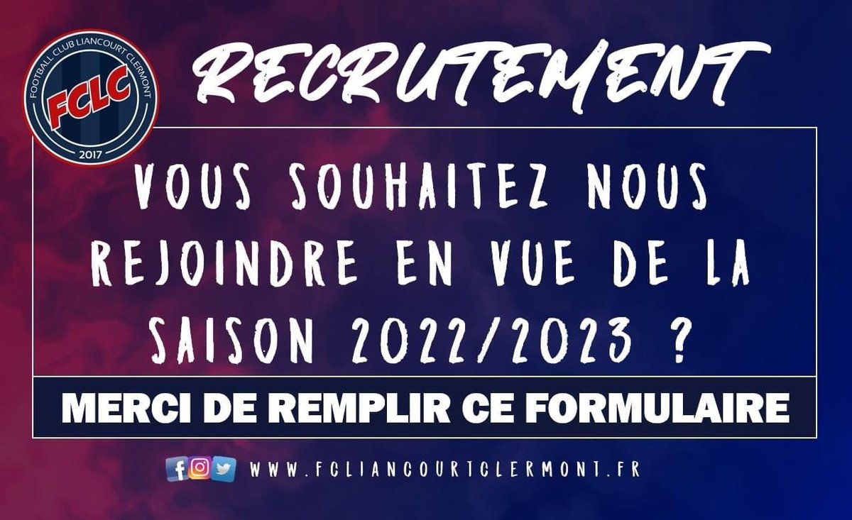 FCLC_'s tweet image. 🔴🔵⚽️ RECRUTEMENT 22/23📑

La fin de saison approche, nous avons décidé d'ouvrir les portes de certaines catégories, à compter de cette semaine.

📝 𝙇𝙚𝙨 𝙞𝙣𝙩é𝙧𝙚𝙨𝙨é(𝙚)𝙨, 𝙢𝙚𝙧𝙘𝙞 𝙙𝙚 𝙧𝙚𝙢𝙥𝙡𝙞𝙧 𝙡𝙚 𝙛𝙤𝙧𝙢𝙪𝙡𝙖𝙞𝙧𝙚 𝙘𝙞-𝙟𝙤𝙞𝙣𝙩 👇
urlz.fr/i79v