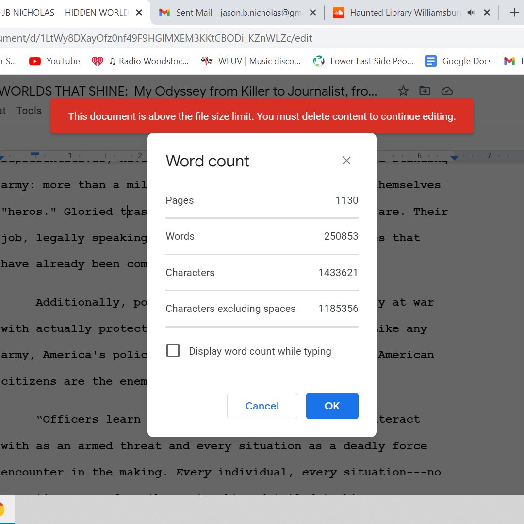 Jb Nicholas I Broke Google Docs Working On My True Crime Memoir Hidden Worlds That Shine I Hit Google S Wall At 1130 Double Spaced Pages That S 250 853 Words I Had To Create