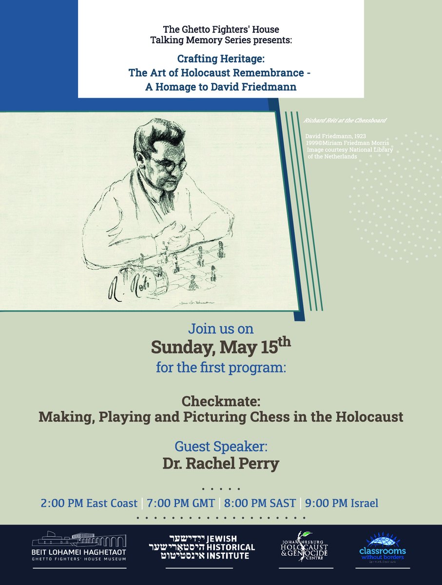 Don't miss this fascinating talk by Dr. Rachel Perry on the making, playing and picturing of chess in the Holocaust. Online on Sunday, May 15 2 PM EST | 7 PM GMT | 8 PM SAST | 9 PM Israel Link to register: us02web.zoom.us/.../tZcod-mqrj…...