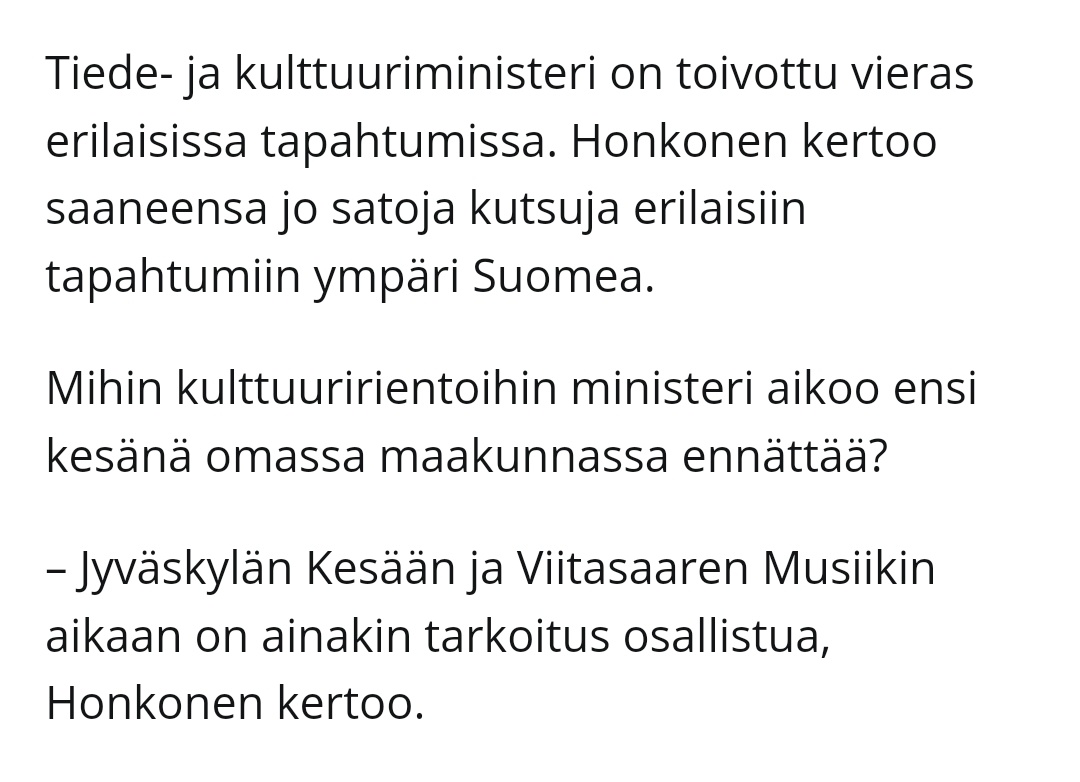 Keski-Suomi sai Saarijärveltä kulttuuriministerin, jota Ylen pikkulintujen perusteella nykymusiikki kiinnostaa. Musiikin aika toivottaakin @HonkonenPetri tervetulleeksi Viitasaarelle 5.-11. heinäkuuta 40-vuotisjuhlafestivaalille! (Hyvässä seurassa, ping @JyvaskylanKesa!)