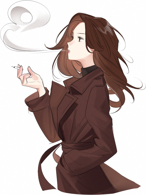 1girl solo cigarette smoking brown hair white background long hair  illustration images