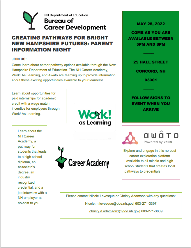 Come join us for Parent Info Night on May 25th! Don't miss this chance to learn more about these three exciting NH ED opportunities!