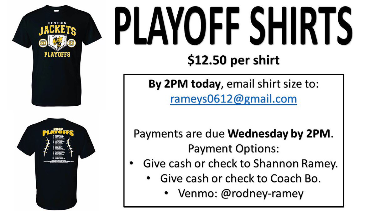 GET YOUR PLAYOFF SHIRTS!! 
Shirts sizes are due today. Payments are due Wednesday. ⚾️⚾️⚾️